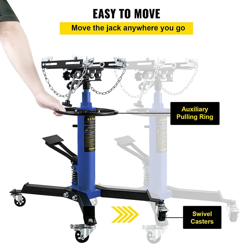 Transmission Jack,1/2Ton/1100lbs Capacity Hydraulic Telescopic Transmission Jack, 2-StaFloor Jack Stand with Foot Pedal, 360° Swivel Wheel, Garage/Shop Lift Hoist, Blue