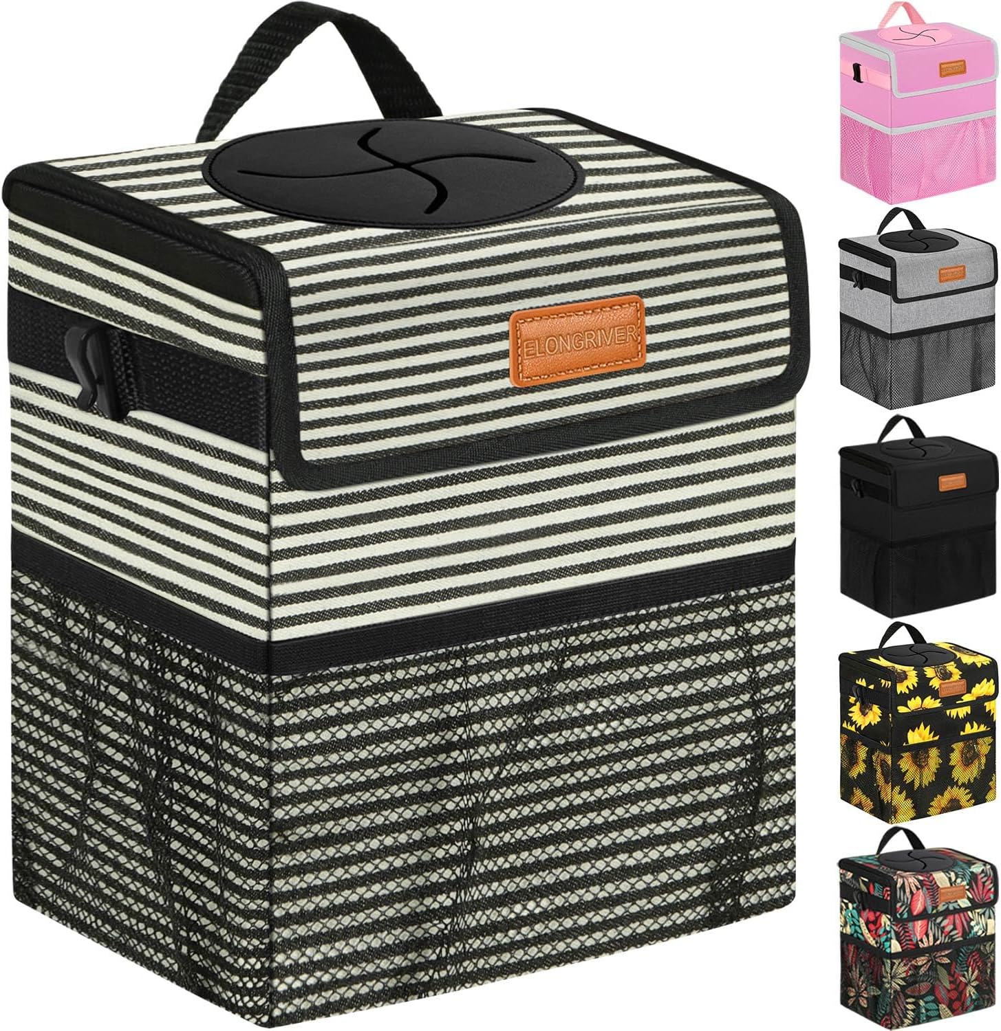 ELONGRIVER Car Trash Can Bin for Car Back Seat Leak Proof, Cute Car Trash Bag Hanging, Vehicle Trash Can for Suv Truck Van, Automotive Car Garbage Cans Front Seat Stripe