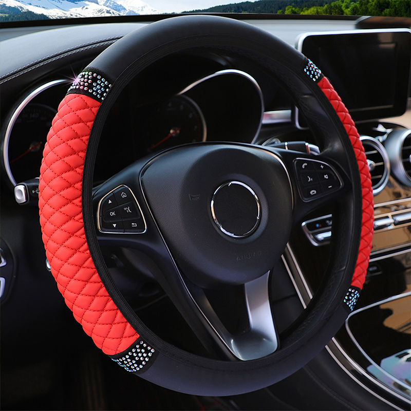 Car Pu Leather Steering Wheel Cover, 14.57-14.96inch Artificial Diamond, Steering Wheel Cover