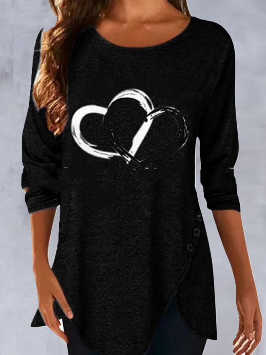 Round Neck Heart Print Casual Long Sleeve T-shirt