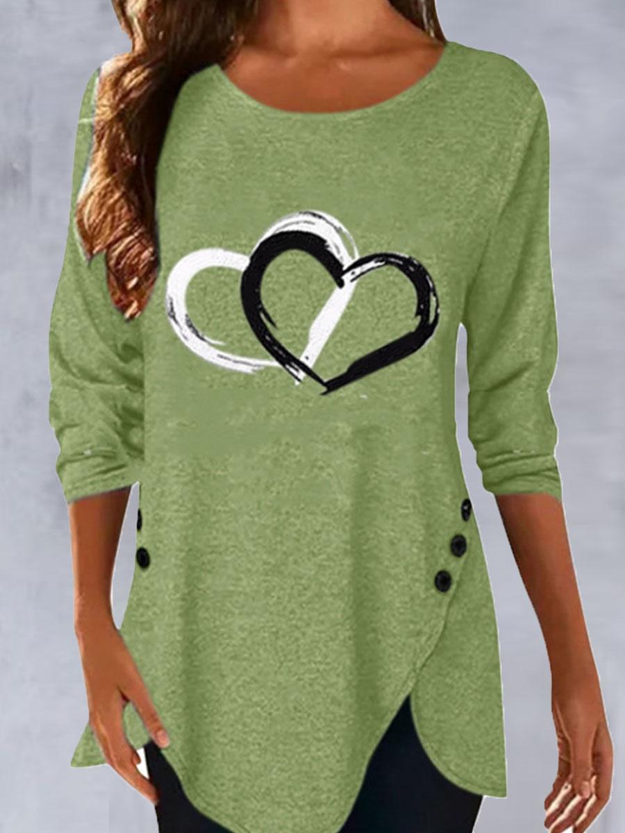 Round Neck Heart Print Casual Long Sleeve T-shirt
