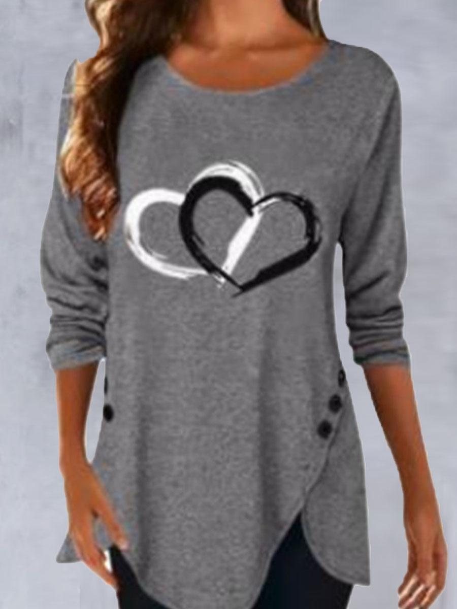 Round Neck Heart Print Casual Long Sleeve T-shirt