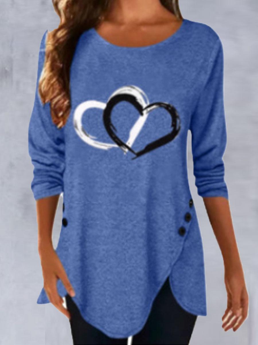 Round Neck Heart Print Casual Long Sleeve T-shirt