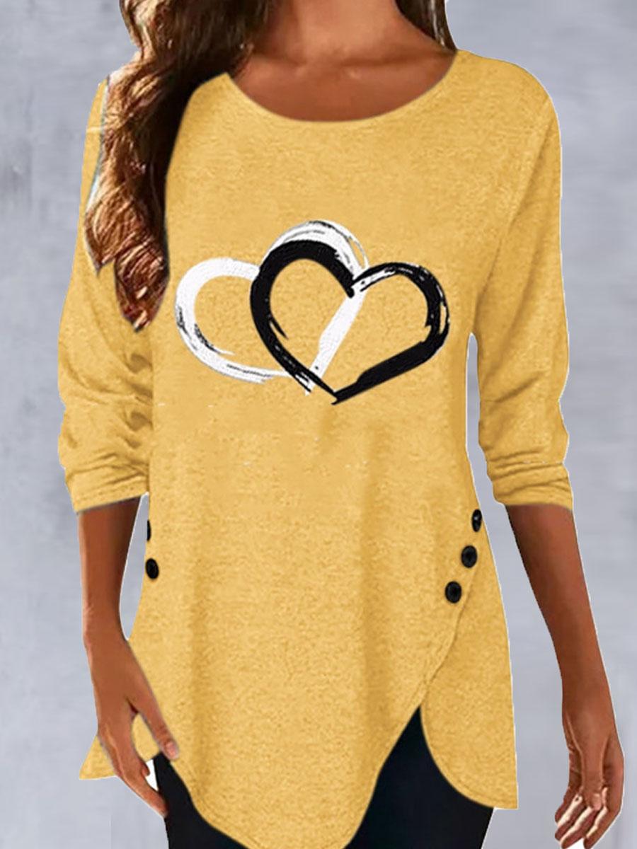 Round Neck Heart Print Casual Long Sleeve T-shirt
