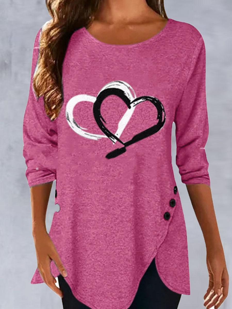 Round Neck Heart Print Casual Long Sleeve T-shirt