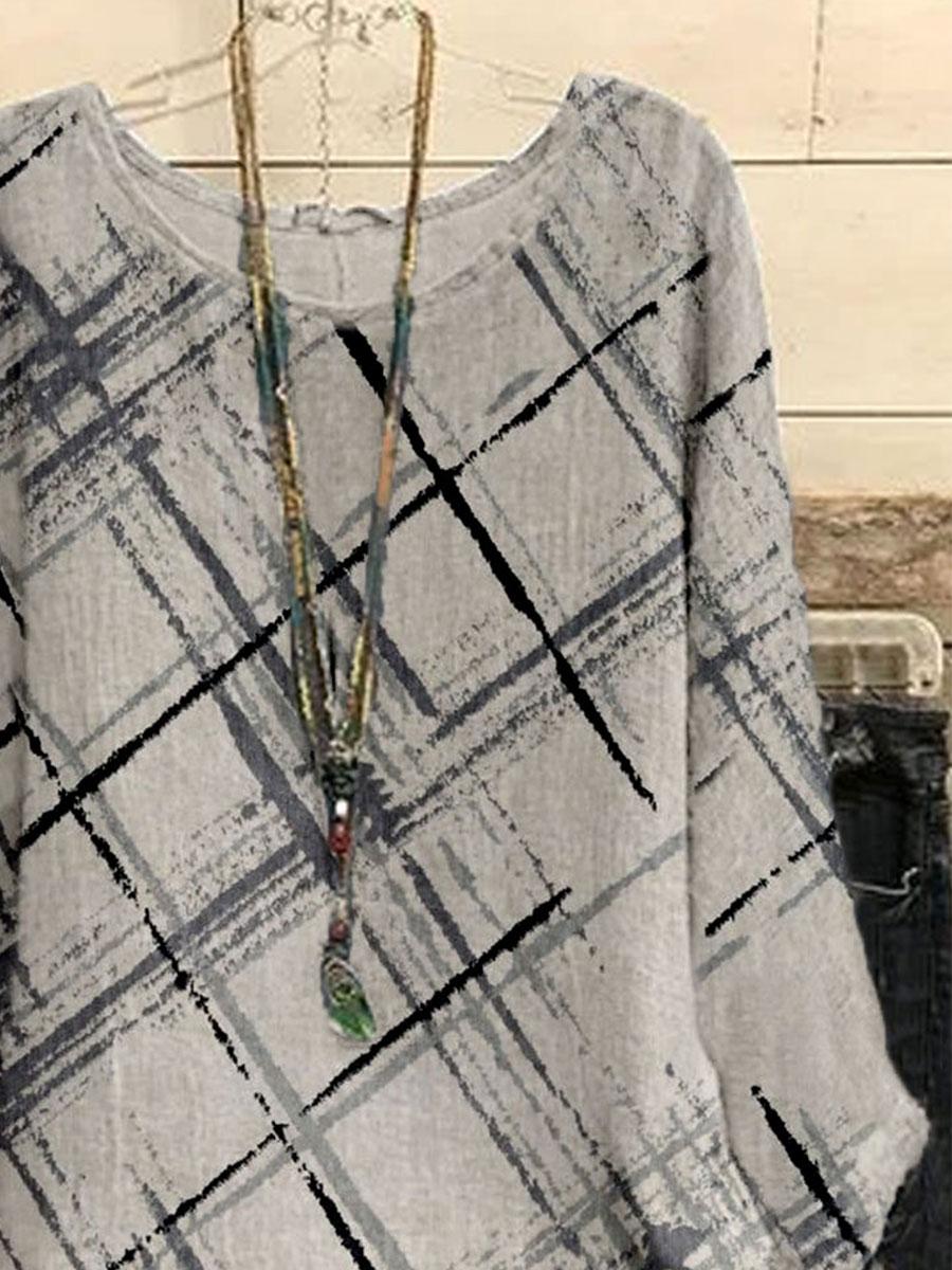 Fashion Check Print Round Neck Long Sleeve Casual Blouse