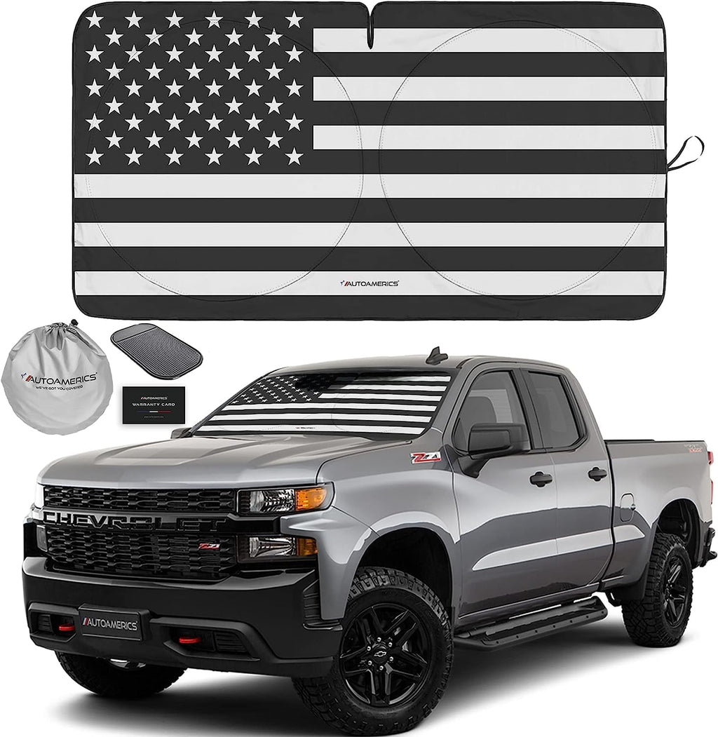 Autoamerics 1-Piece Windshield Sun Shade B&amp;W American Flag USA Patriotic  - Foldable Car Front Window Sunshade for Most Sedans SUV Truck - Blocks Max UV Rays and Keeps Your Vehicle Cool X-Large