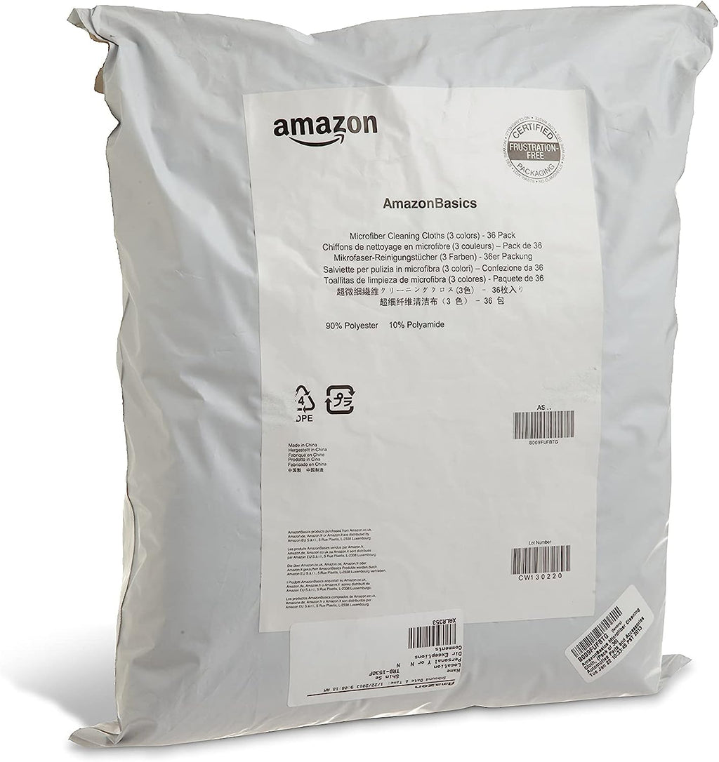 Amazon Basics Microfiber Cleaning Cloth, Non-Abrasive, Reusable and Washable, Pack of 36, Blue/White/Yellow, 16" x 12"