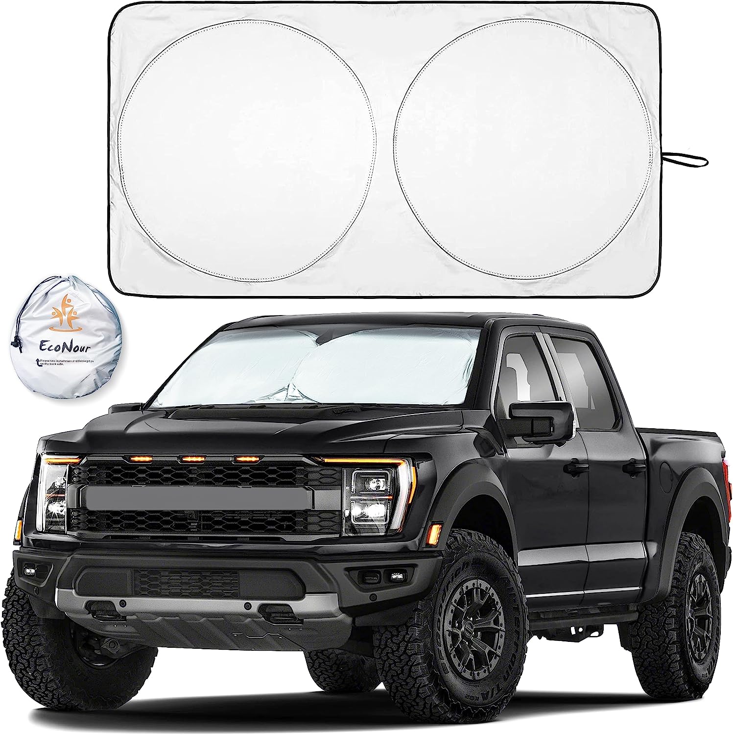 EcoNour Truck Sun Shade for Windshield | Front Truck Window Shade for Maximum UV Rays and Sun Heat Protection | Truck Sun Shield for Breezy Cool Interior | Fits Most Sedans, SUVs, and Trucks.
