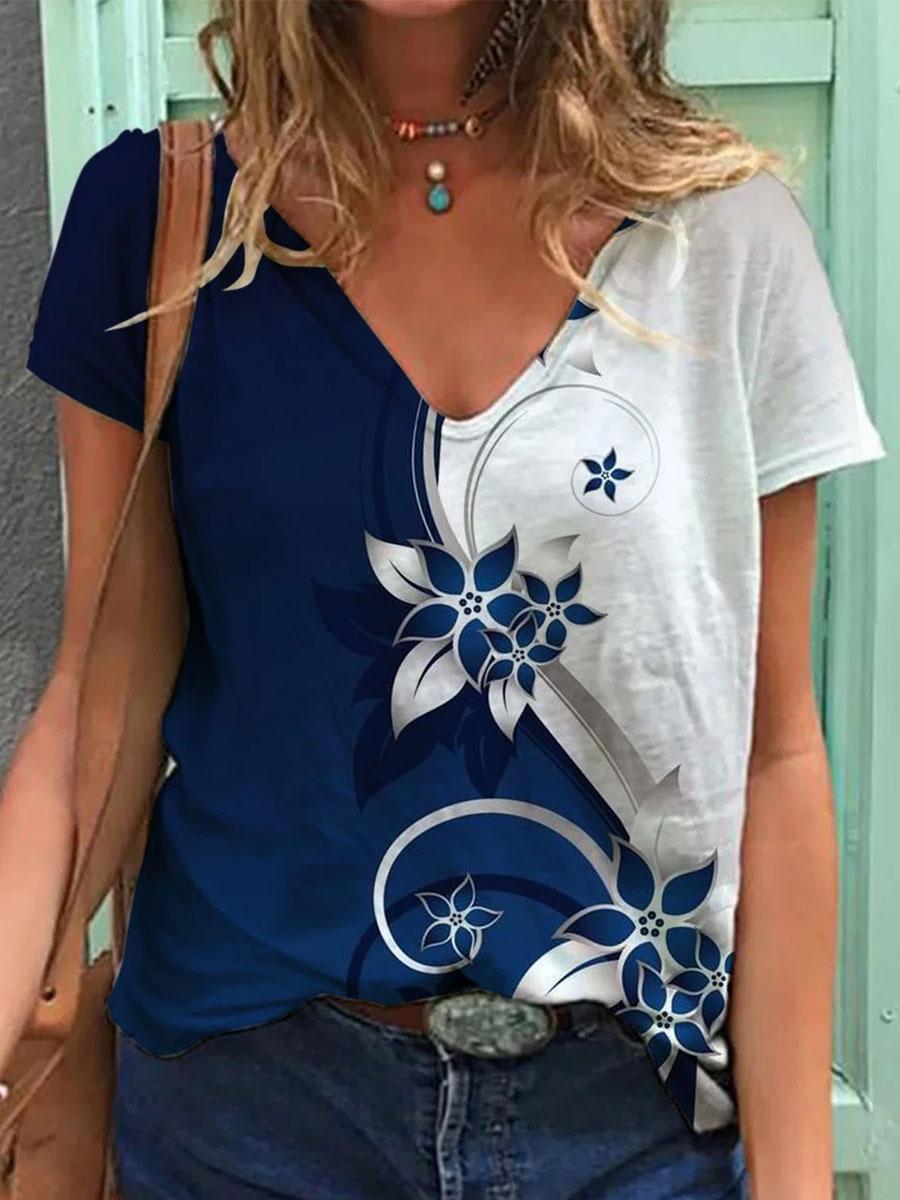 V-neck Floral Print Casual Short-sleeved T-shirt