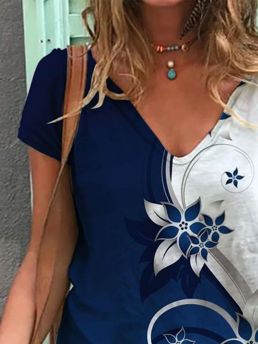 V-neck Floral Print Casual Short-sleeved T-shirt