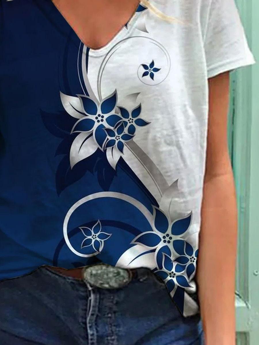 V-neck Floral Print Casual Short-sleeved T-shirt