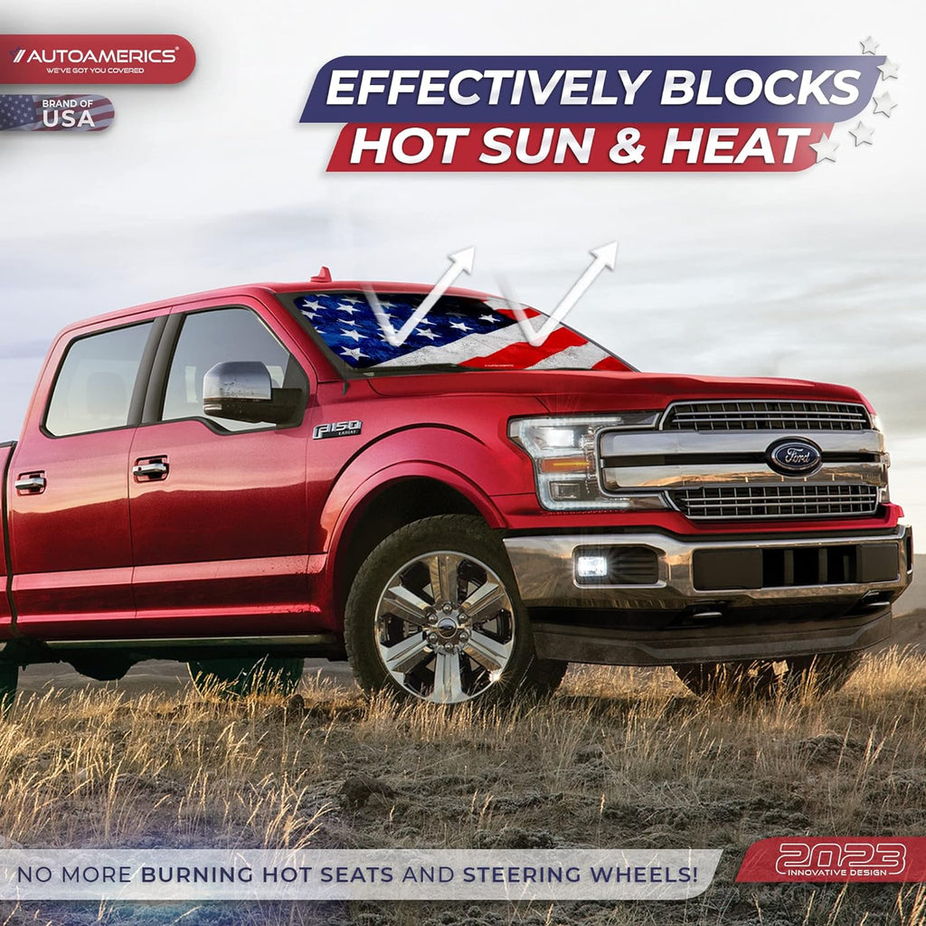 Autoamerics 1-Piece Windshield Sun Shade Grunge American Flag - 4 USA  - Foldable Car Front Window Sunshade for Most Sedans SUV Truck - Blocks Max UV Rays and Keeps Your Vehicle Cool - Large