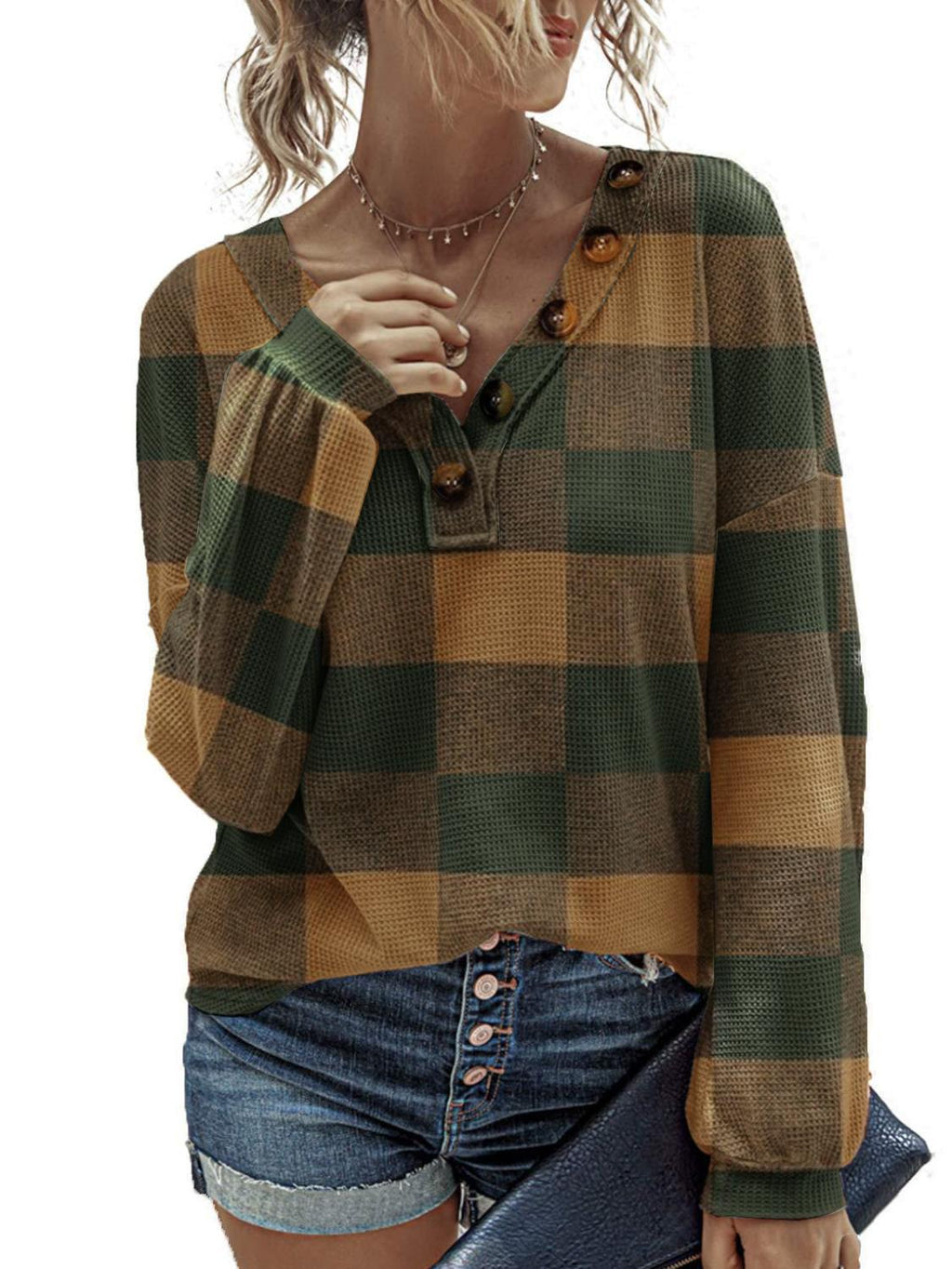 Women's Retro Checkerboard Plaid Henley Button Long Sleeve Shirt
