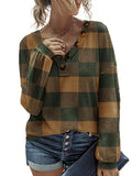 Women's Retro Checkerboard Plaid Henley Button Long Sleeve Shirt