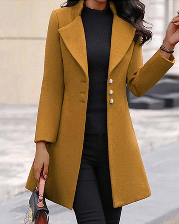 pure color woolen single-breasted slim-fit lapel coat