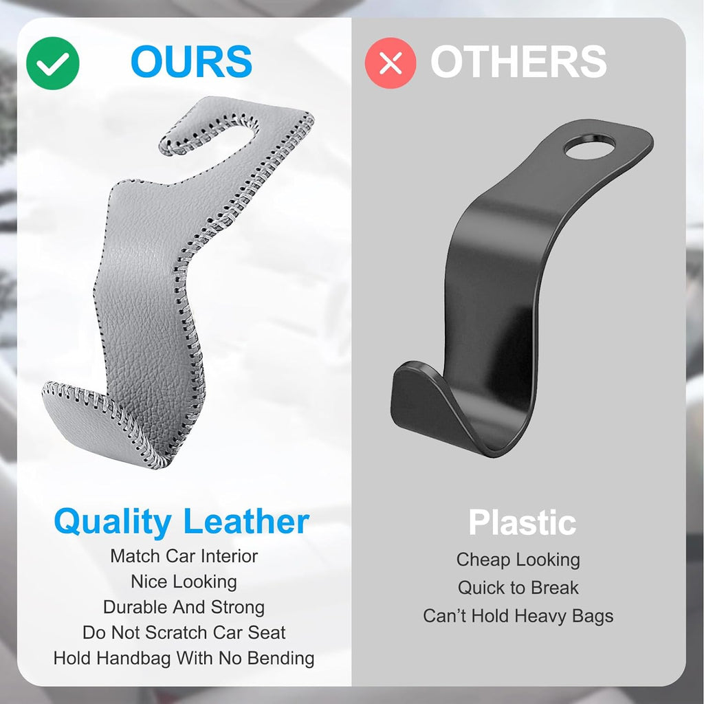 EldHus Seat Hooks for Purses and Bags, 2 Pack Car Purse Holder for Grocery Bag Handbag Clothes, Metal Headrest Hooks Covered by Leather, Grey