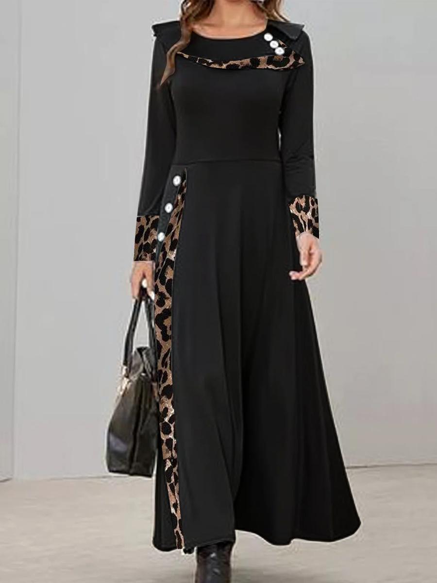 Casual Leopard Stitching Crew Neck Long Sleeves Maxi Dress