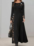 Casual Leopard Stitching Crew Neck Long Sleeves Maxi Dress