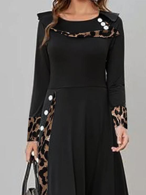 Casual Leopard Stitching Crew Neck Long Sleeves Maxi Dress