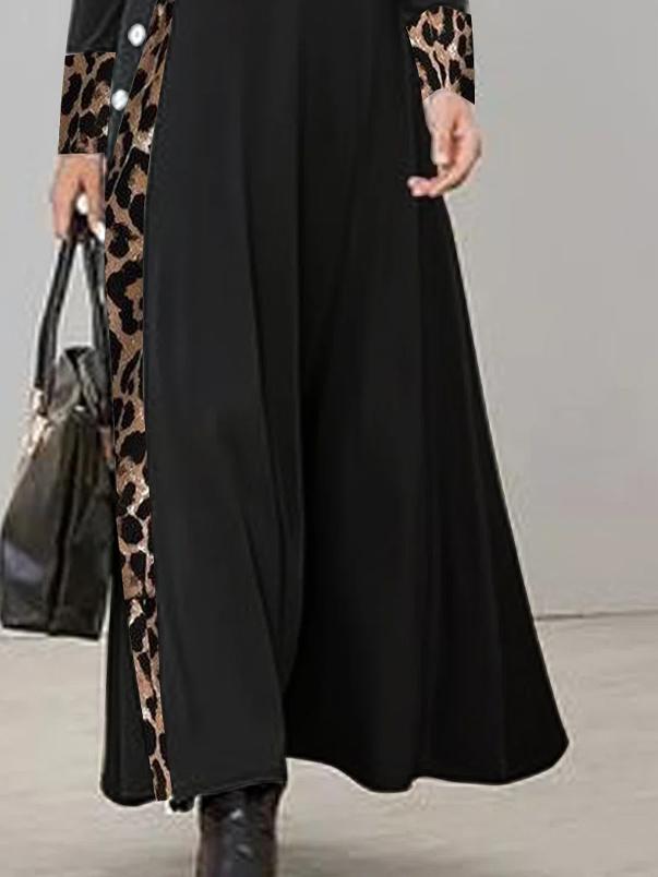 Casual Leopard Stitching Crew Neck Long Sleeves Maxi Dress