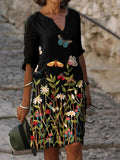 V-neck Floral Print Casual Loose Fashion Shift Dress