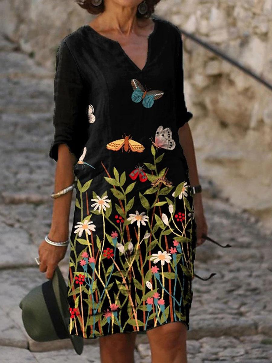 V-neck Floral Print Casual Loose Fashion Shift Dress