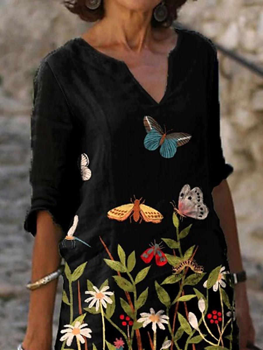 V-neck Floral Print Casual Loose Fashion Shift Dress