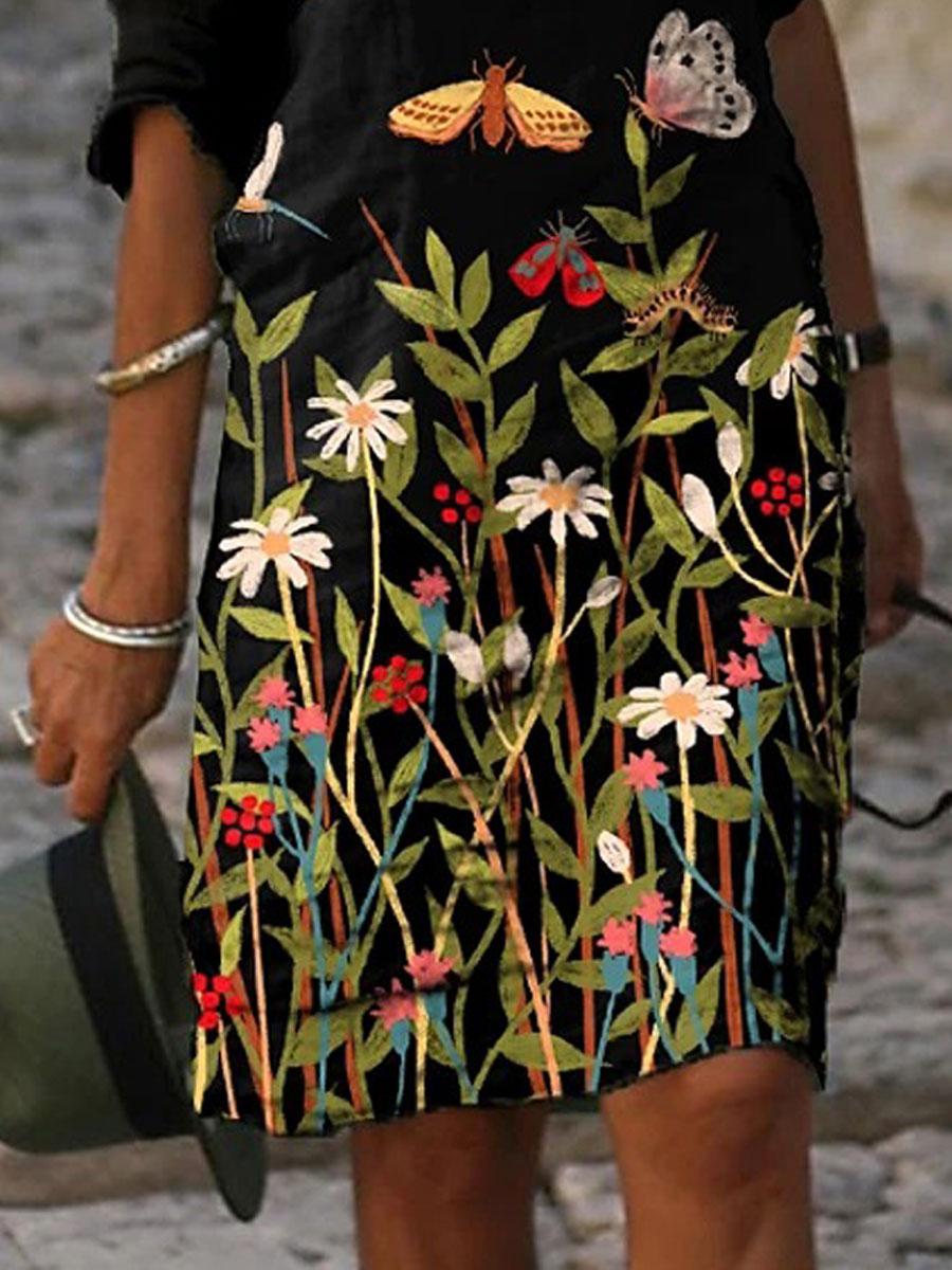 V-neck Floral Print Casual Loose Fashion Shift Dress