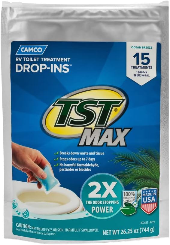 Camco TST MAX RV Toilet Treatment Drop-INs | Control Unwanted Odors and Break Down Waste and Tissue | Septic Tank Safe | Ocean Breeze Scent | 15-pack (41614)