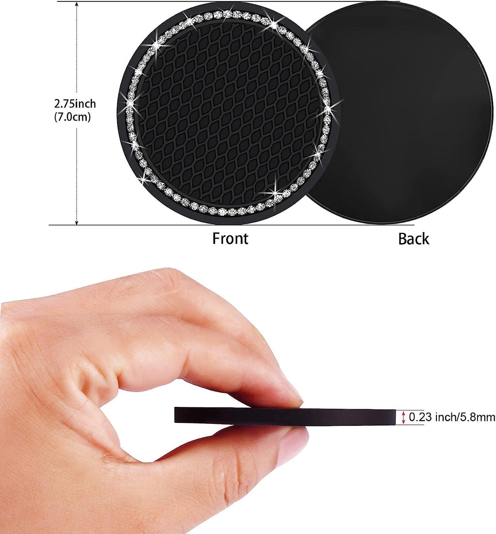 2PCS Bling Car Cup Coaster, 2.75 Inch Auto Car Cup Holder Insert Coasters Silicone Anti-Slip Crystal Rhinestone Drink Car Cup Mat, Universal Vehicle Interior Accessories for Women Girls (Black)