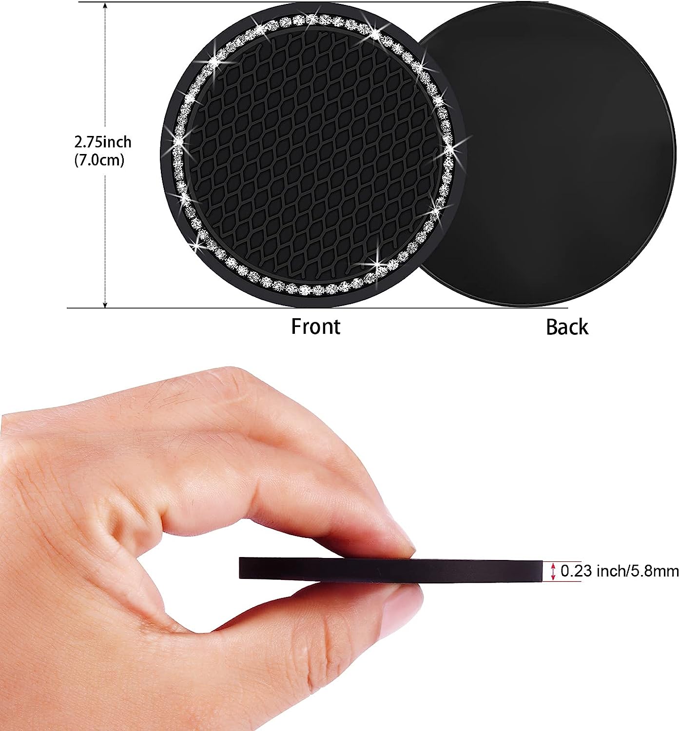 2PCS Bling Car Cup Coaster, 2.75 Inch Auto Car Cup Holder Insert Coasters Silicone Anti-Slip Crystal Rhinestone Drink Car Cup Mat, Universal Vehicle Interior Accessories for Women Girls (Black)