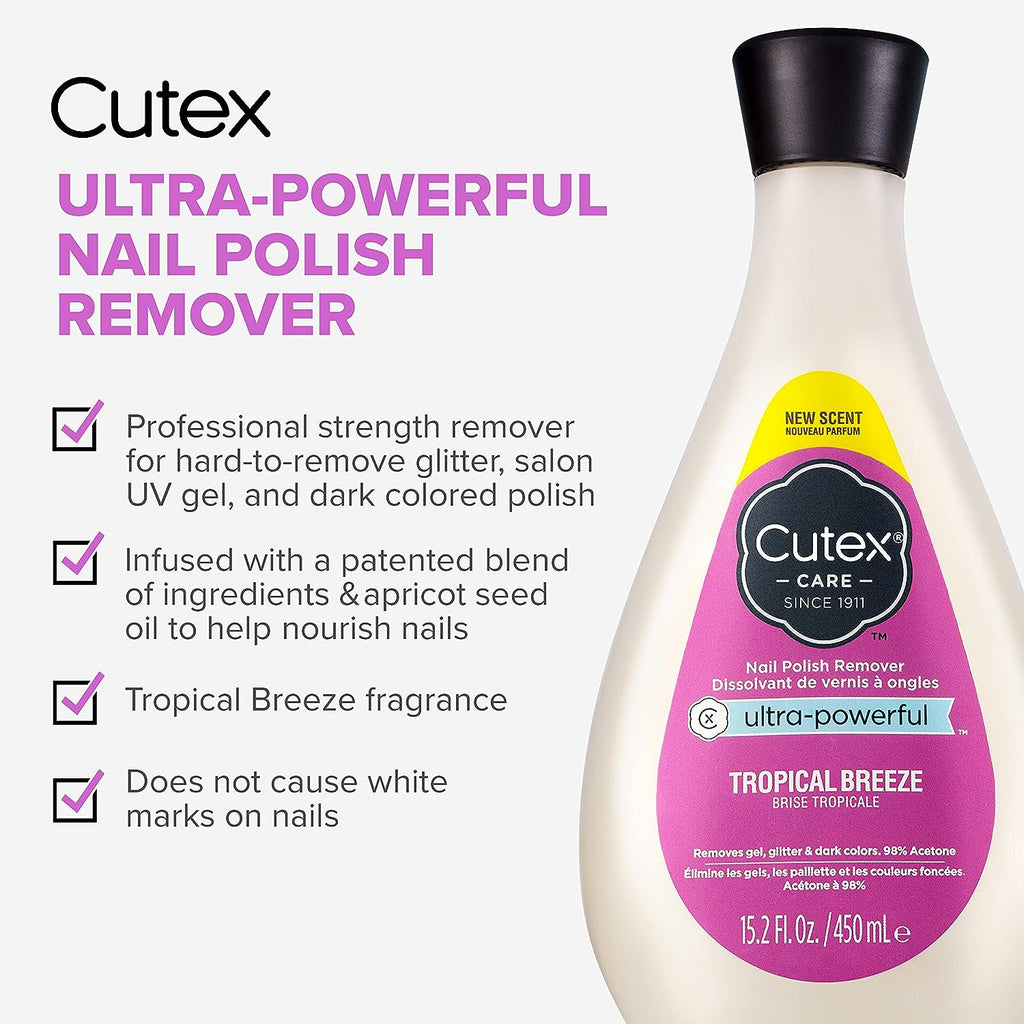 Cutex Gel Nail Polish Remover, Ultra-Powerful &amp; Removes Glitter and Dark Colored Paints, Tropical Breeze Scent, 15.2 Fl Oz