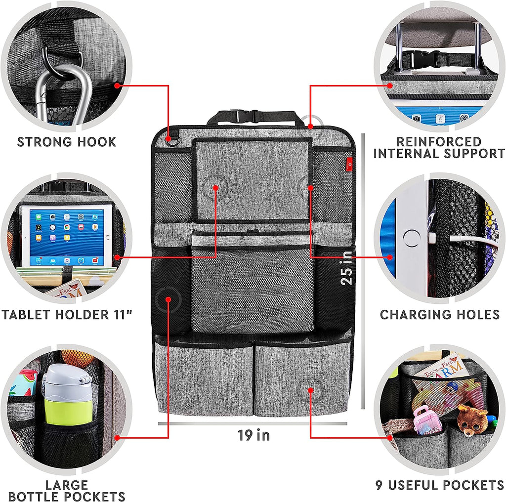 Helteko Backseat Car Organizer, Kick Mats Back Seat Protector with Touch Screen Tablet Holder, Car Back Seat Organizer for Kids, Car Travel Accessories, Kick Mat with 9 Storage Pockets 2 Pack, Gray