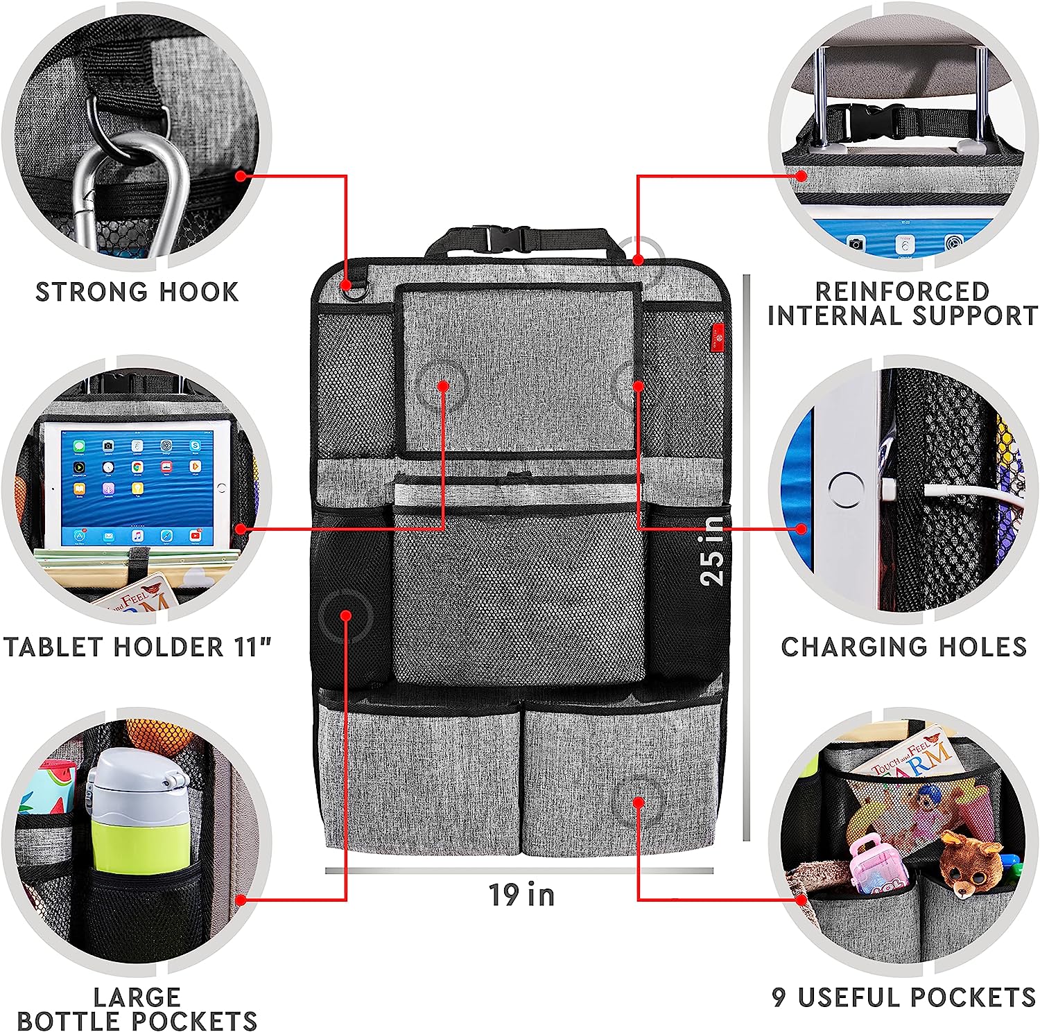 Helteko Backseat Car Organizer, Kick Mats Back Seat Protector with Touch Screen Tablet Holder, Car Back Seat Organizer for Kids, Car Travel Accessories, Kick Mat with 9 Storage Pockets 2 Pack, Gray