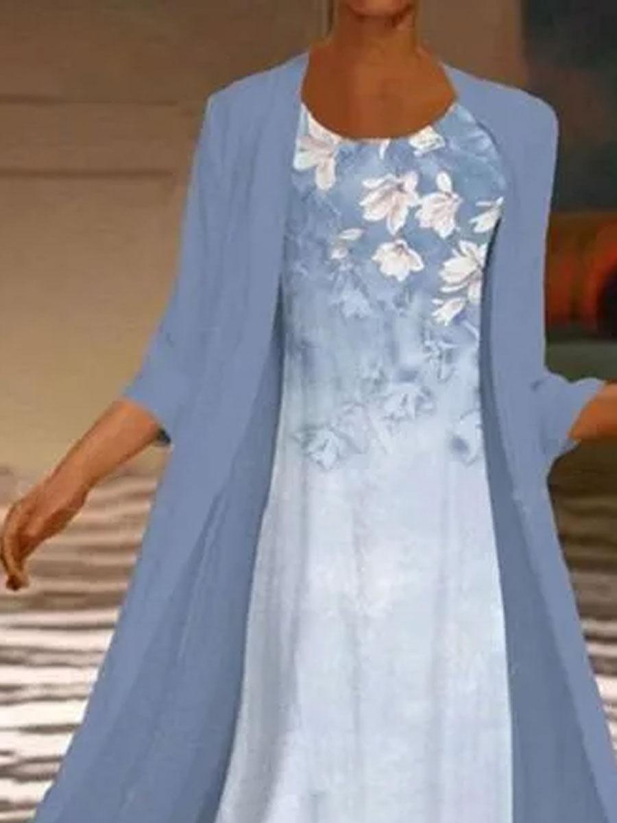 Round Neck Loose Casual Floral Print Suit Maxi Dress