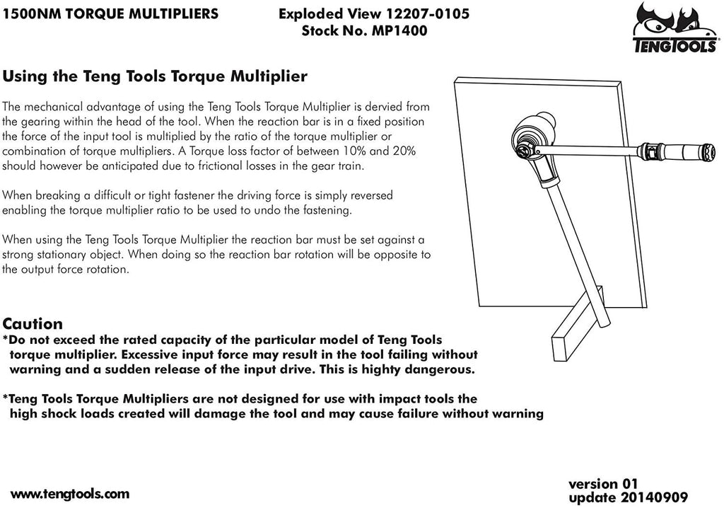 Teng Tools 1/2 Inch Female 3/4 Inch Male Torque Multiplier Max 1500Nm - MP1400