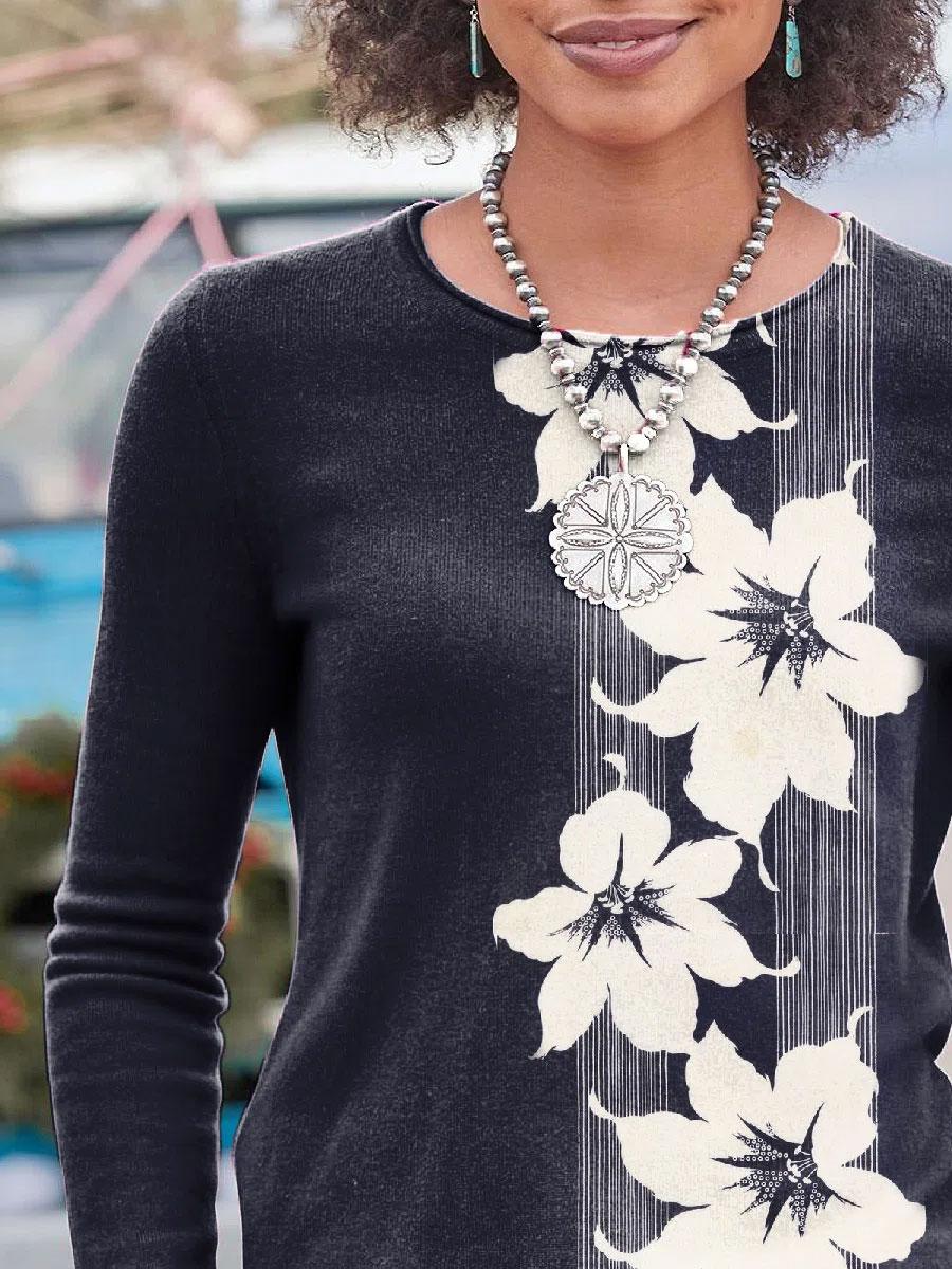 Round Floral Print Loose Casual Long Sleeve T-shirt