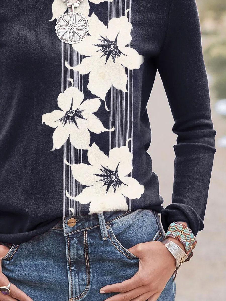 Round Floral Print Loose Casual Long Sleeve T-shirt