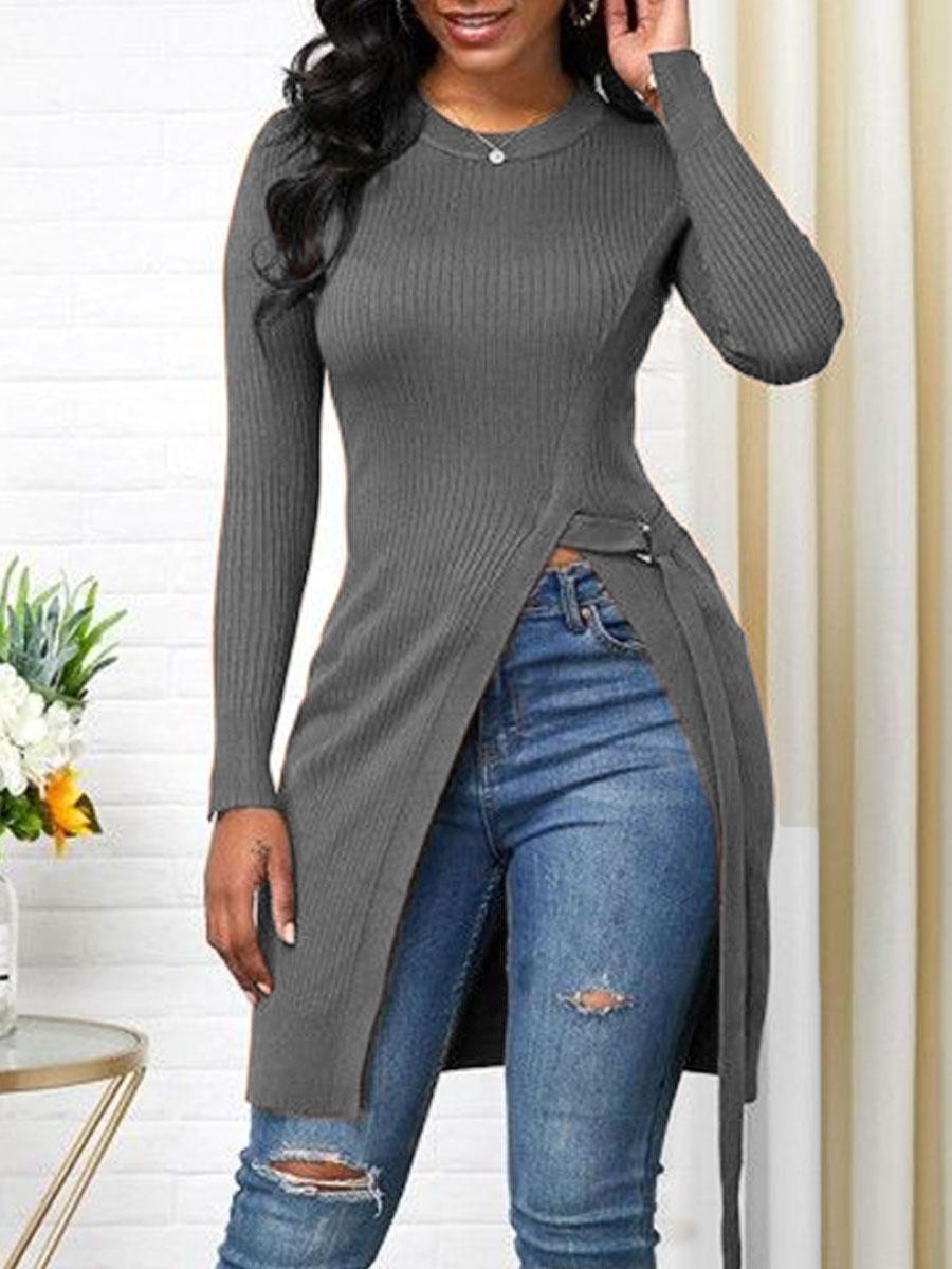 Round Neck Long Sleeve Solid Color T-shirt