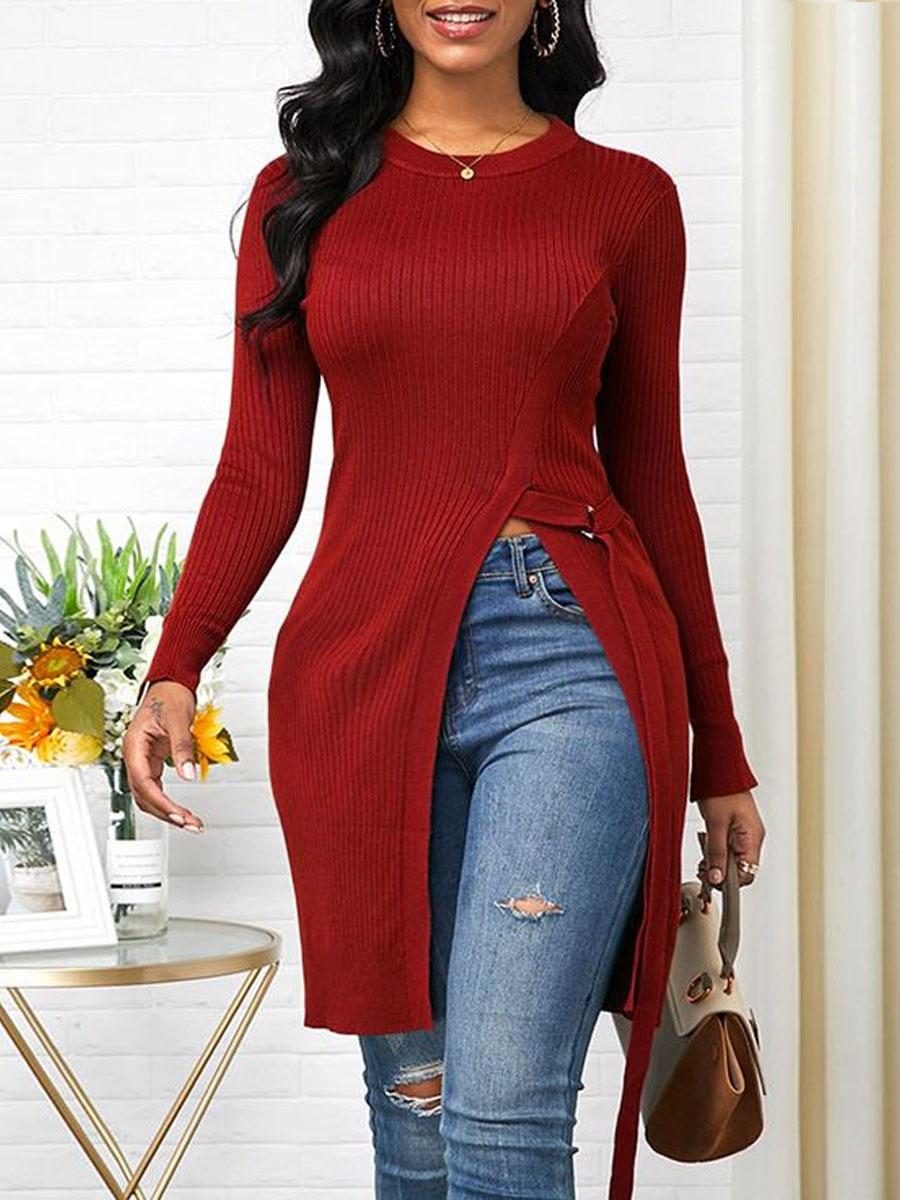 Round Neck Long Sleeve Solid Color T-shirt