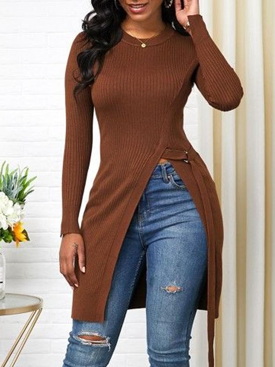 Round Neck Long Sleeve Solid Color T-shirt