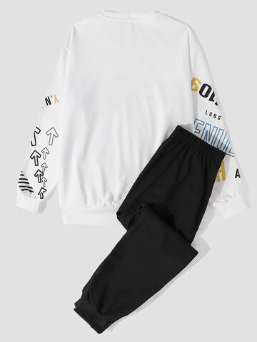 mens letter brush stroke print crew neck street two pieces outfits