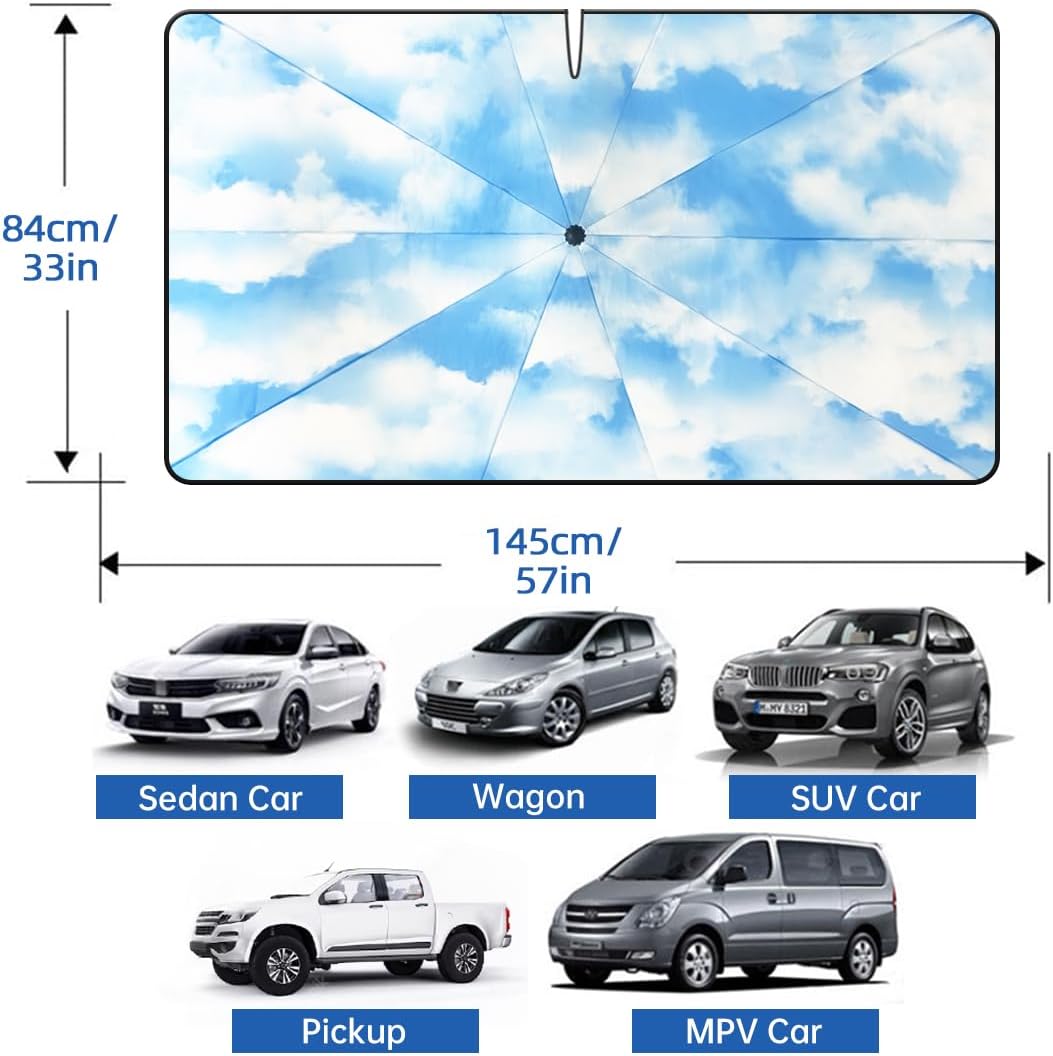 Upgraded Windshield Sun Shade, Car Sunshade with 360° Rotating Shaft, Umbrella Sun Shade Cover with Window Breaker, Suitable for Sedan, SUV, Pickup（Blue Sky）