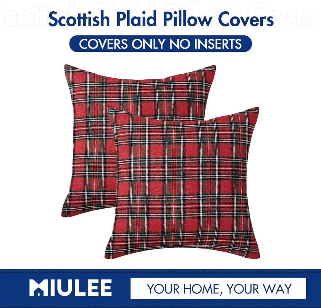MIULEE Christmas Set of 2 Scottish Tartan Plaid Throw Pillow Covers Farmhouse Classic Decorative Square Cushion Cases for Home Decor Sofa Couch 18x18 Inch, Red