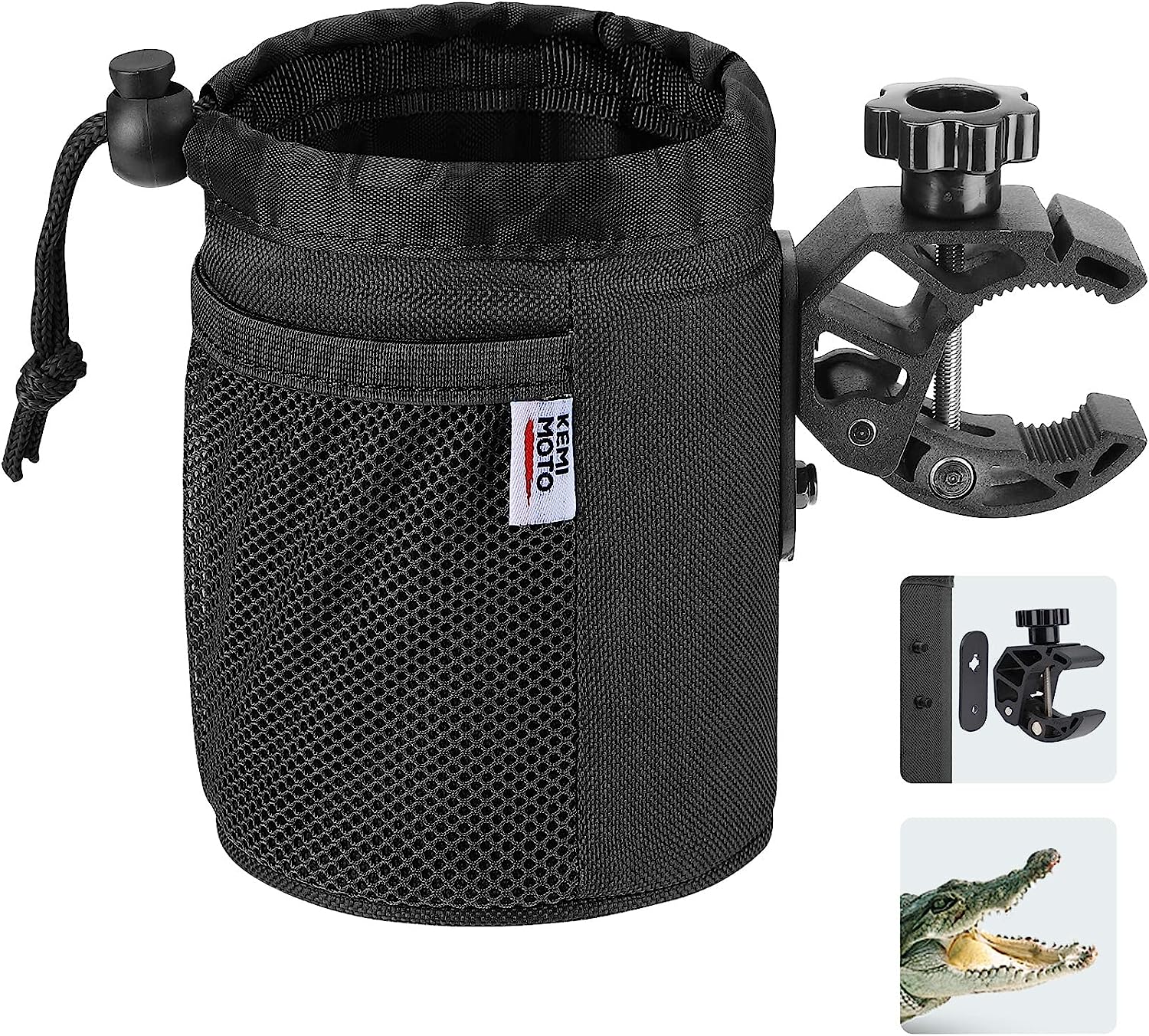 kemimoto Motorcycle Cup Holder, Oxford Fabric Motorcycle Drink Holder with 0.6"-1.5" Alligator Clamp, Universal Water Bottle Holder for Motorcycle, ATV/UTV, Scooter, Boat, Kayak, Bike, Walker