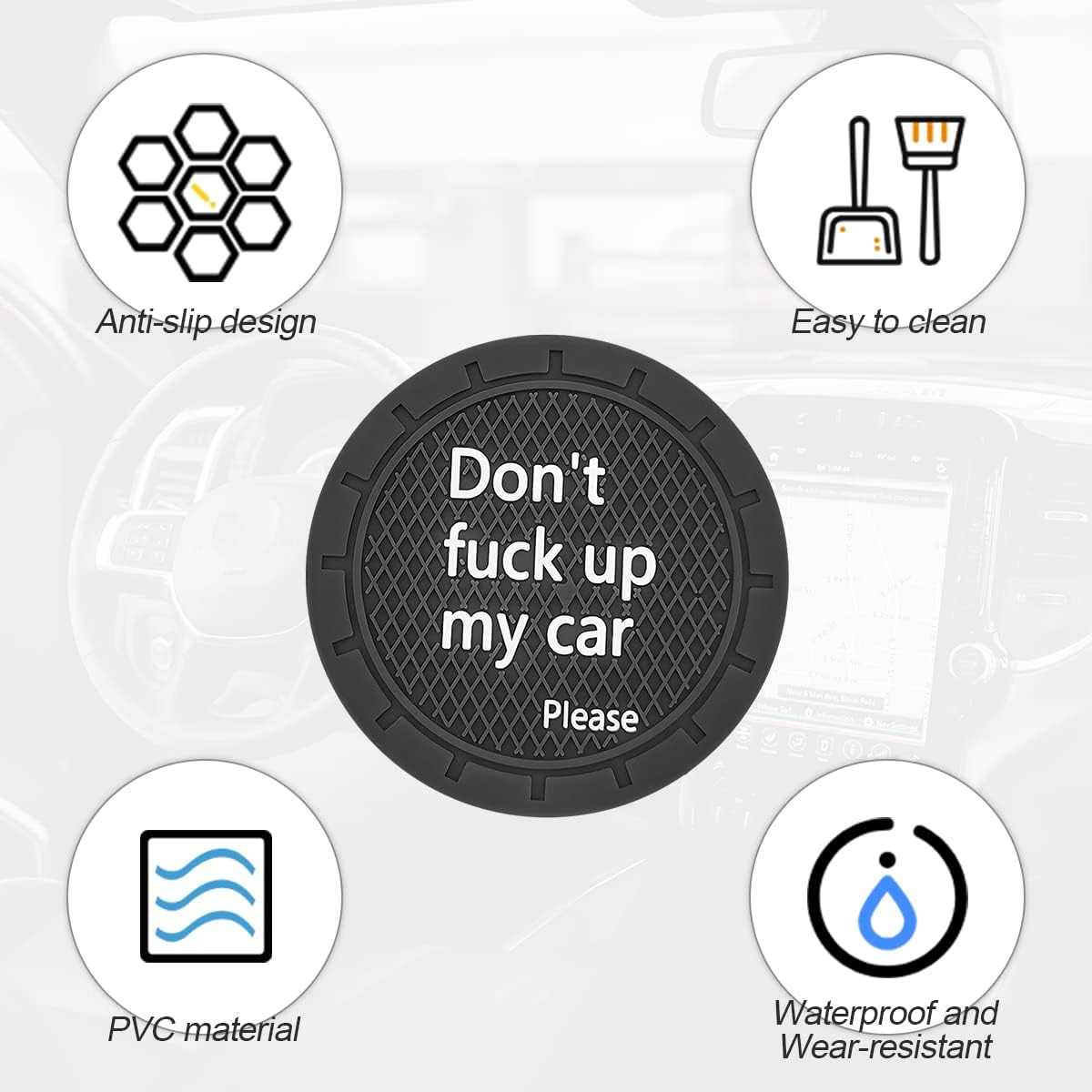 8sanlione Car Cup Coaster, 4Pcs 2.75 Inch Auto Cup Holder Insert Coasters, Non-Slip Waterproof Embedded Drink Mat, Automotive Interior Accessories for Men and Women (D Black/4PCS)