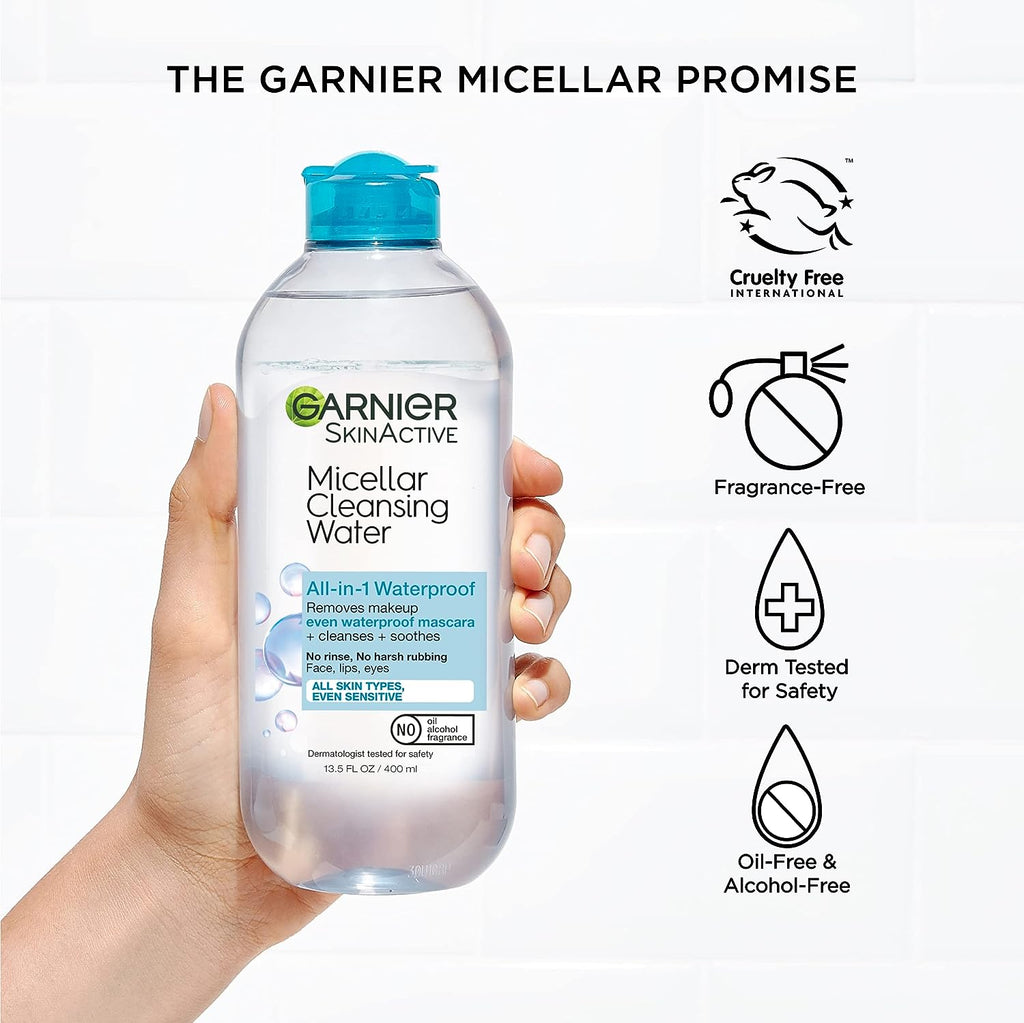 Garnier SkinActive Micellar Water For Waterproof Makeup, Facial Cleanser &amp; Makeup Remover, 13.5 Fl Oz (400mL), 1 Count (Packaging May Vary)
