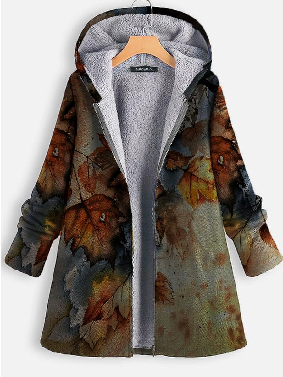 Leaf Print Plus Velvet Warm Coat