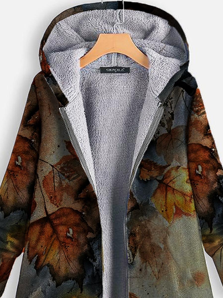 Leaf Print Plus Velvet Warm Coat